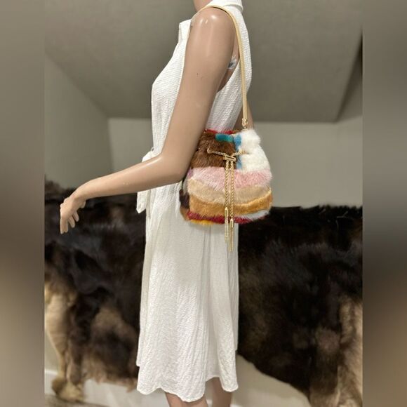 Handmade Color-block Genuine Mink Fur & Drawstring Bucket Bag Includes 2 Straps - Picture 6 of 16